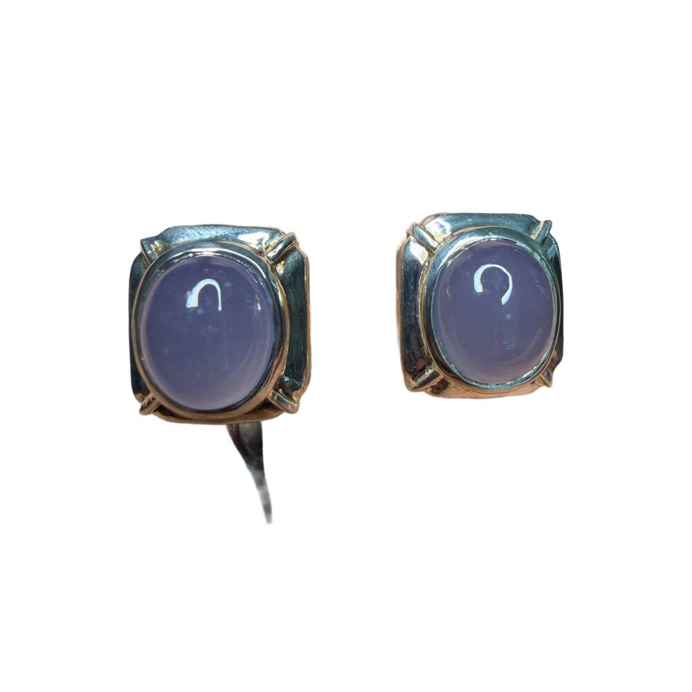 Purple blue chalcedony cabochon earrings set in sterling silver stamped cgj 925